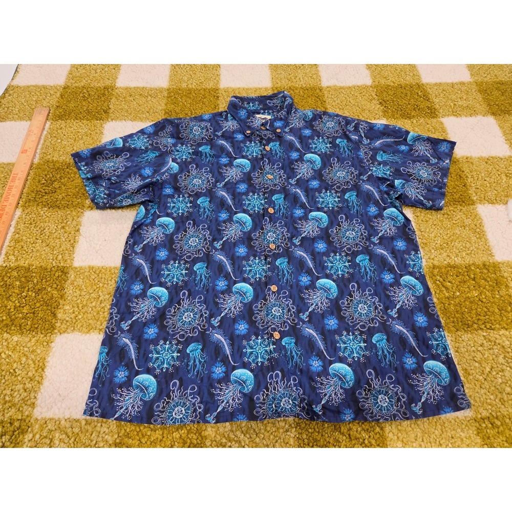 Yiume Mens XL Blue Jellyfish Print Short Sleeve Button Down Shirt Tropical Sea